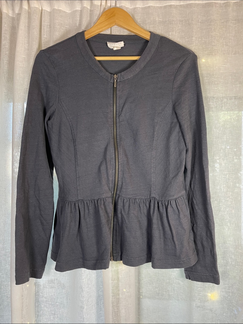 Caslon Washed Navy Gray Peplum Zip Top